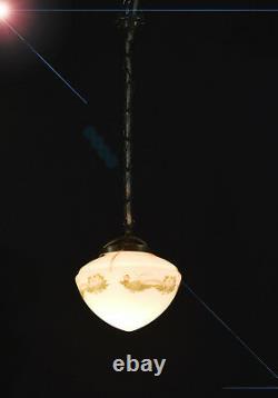 Early art deco bronze Opaline milk glass ceiling light pendant hand-painted bowl