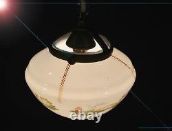 Early art deco bronze Opaline milk glass ceiling light pendant hand-painted bowl