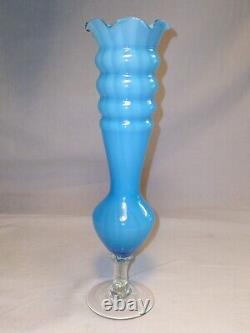 Empoli Blue Opaline Glass Vase Ruffled Ribbed Striped