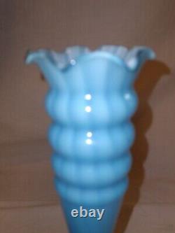 Empoli Blue Opaline Glass Vase Ruffled Ribbed Striped