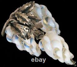 Exquisite Victorian Opaline Art Glass Grape Vine Leaf Sterling Silver Brooch