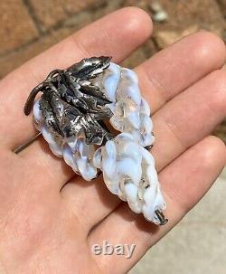 Exquisite Victorian Opaline Art Glass Grape Vine Leaf Sterling Silver Brooch