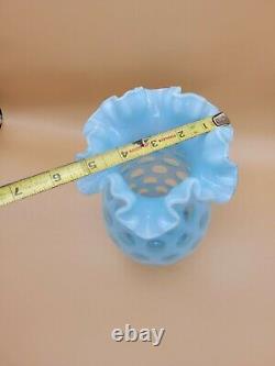 Exquisite Vintage Fenton Blue Opalescent Coin Dot Fluted Ruffled Vase 10 Tall