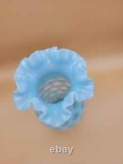 Exquisite Vintage Fenton Blue Opalescent Coin Dot Fluted Ruffled Vase 10 Tall