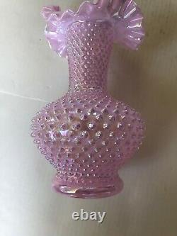 FENTON 10.5 Double Crimped Vase Hobnail Champagne Pink Iridescent Opalescent