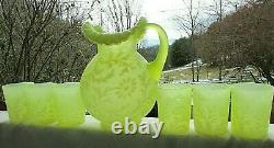 FENTON 1950's DAISY-FERN YELLOW TOPAZ-VASELINE OPALESCENT 7 pc Set Mint