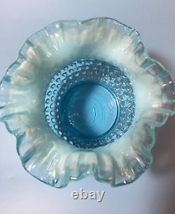 FENTON BLUE OPALESCENT Double Crimped HOBNAIL ART GLASS BOWL / VASE 1940 1952