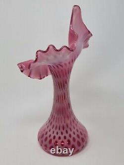 FENTON CRANBERRY OPALESCENT COIN DOT Jack in the Pulpit JIP VASE 10 7/8 H Mint