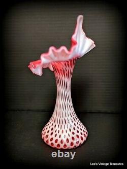 FENTON CRANBERRY OPALESCENT COIN DOT Jack in the Pulpit-Tulip VASE 11H Mint