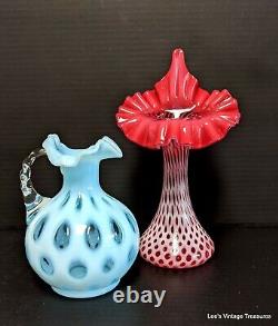 FENTON CRANBERRY OPALESCENT COIN DOT Jack in the Pulpit-Tulip VASE 11H Mint