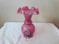 FENTON CRANBERRY OPALESCENT VASE hand painted withbeaded floral sign #5141/6000