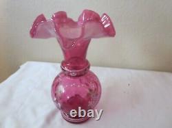 FENTON CRANBERRY OPALESCENT VASE hand painted withbeaded floral sign #5141/6000
