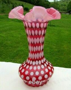 FENTON Cranberry Opalescent Polka Dot 1950's VASE 8H 1950's Rare