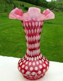 FENTON Cranberry Opalescent Polka Dot 1950's VASE 8H 1950's Rare