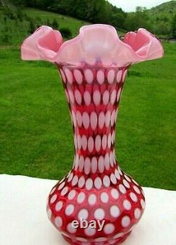 FENTON Cranberry Opalescent Polka Dot 1950's VASE 8H 1950's Rare