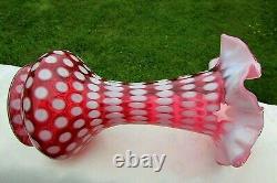 FENTON Cranberry Opalescent Polka Dot 1950's VASE 8H 1950's Rare