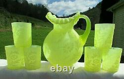 FENTON DAISY FERN TOPAZ VASELINE OPALESCENT Pitcher & Tumblers 7 pc Set