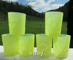 FENTON DAISY FERN TOPAZ VASELINE OPALESCENT Pitcher & Tumblers 7 pc Set