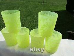 FENTON DAISY FERN TOPAZ VASELINE OPALESCENT Pitcher & Tumblers 7 pc Set