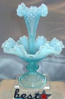 FENTON GLASSMNT&PERFVINTAGE50sBLUE OPALESCENTDIAMOND LACE1 HORN10EPERGNE