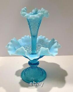 FENTON GLASSMNT&PERFVINTAGE50sBLUE OPALESCENTDIAMOND LACE1 HORN10EPERGNE