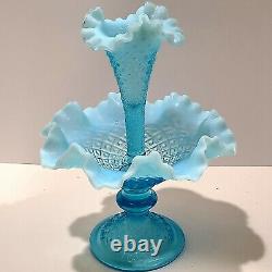 FENTON GLASSMNT&PERFVINTAGE50sBLUE OPALESCENTDIAMOND LACE1 HORN10EPERGNE