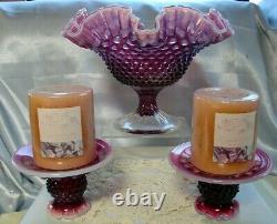 FENTON GLASSVINTAGE50sPLUM OPALESCENTHOBNAILFRUIT BOWL+STICKSCONSOLE SET