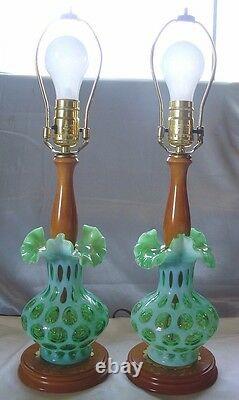 FENTON GLASSVINTAGESRC40sPAIR20LAMP(s)LIME OPALESCENTCOIN DOT+SHADESXLNT