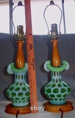 FENTON GLASSVINTAGESRC40sPAIR20LAMP(s)LIME OPALESCENTCOIN DOT+SHADESXLNT