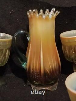 FENTON GLASS AQUA CACTUS WATER SET OPALESCENT pitcher and 6 goblets