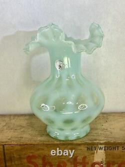 FENTON GREEN OPALESCENT COIN DOT VASE 7 TALL excellent