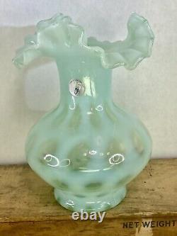 FENTON GREEN OPALESCENT COIN DOT VASE 7 TALL excellent