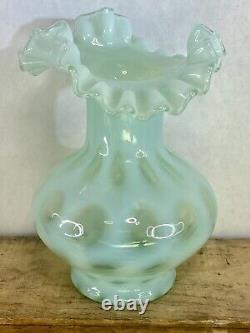 FENTON GREEN OPALESCENT COIN DOT VASE 7 TALL excellent