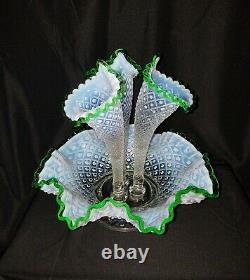 FENTON Hobnail Opalescent Green Crest 3 Horn Epergne Trumpet Vase Beautiful