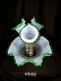 FENTON Hobnail Opalescent Green Crest 3 Horn Epergne Trumpet Vase Beautiful