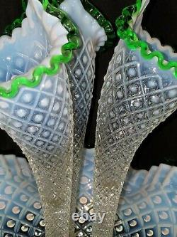 FENTON Hobnail Opalescent Green Crest 3 Horn Epergne Trumpet Vase Beautiful