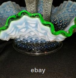 FENTON Hobnail Opalescent Green Crest 3 Horn Epergne Trumpet Vase Beautiful