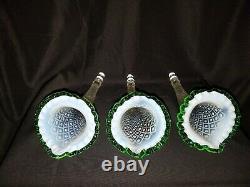 FENTON Hobnail Opalescent Green Crest 3 Horn Epergne Trumpet Vase Beautiful