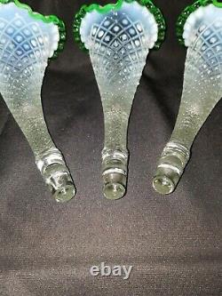 FENTON Hobnail Opalescent Green Crest 3 Horn Epergne Trumpet Vase Beautiful