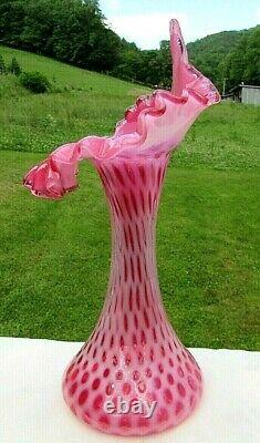 FENTON JIP CRANBERRY OPALESCENT COIN DOT Jack in the Pulpit-Tulip VASE 11H Mint