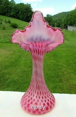 FENTON JIP CRANBERRY OPALESCENT COIN DOT Jack in the Pulpit-Tulip VASE 11H Mint