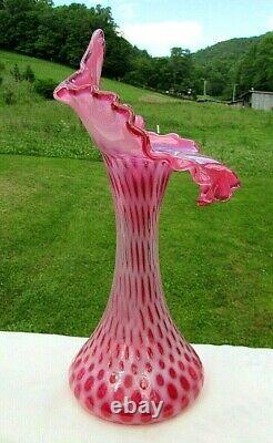 FENTON JIP CRANBERRY OPALESCENT COIN DOT Jack in the Pulpit-Tulip VASE 11H Mint