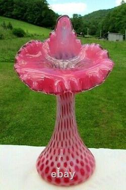 FENTON JIP CRANBERRY OPALESCENT COIN DOT Jack in the Pulpit-Tulip VASE 11H Mint