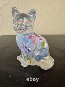 FENTON Opalescent CAT KITTEN Figurine FLORAL Hand Painted Signed by Artist