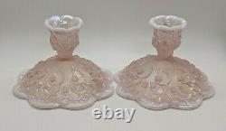 FENTON Pink Opalescent Art Glass Lily of the Valley Candle Holder Pair Vintage