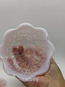 FENTON Pink Opalescent Art Glass Lily of the Valley Candle Holder Pair Vintage