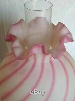 FENTON ROSALINE & WHITE SWIRLED SATIN GLASS GWTW Hurricane Banquet Lamp 3 WAY