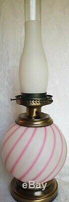 FENTON ROSALINE & WHITE SWIRLED SATIN GLASS GWTW Hurricane Banquet Lamp 3 WAY