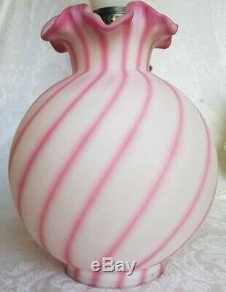 FENTON ROSALINE & WHITE SWIRLED SATIN GLASS GWTW Hurricane Banquet Lamp 3 WAY