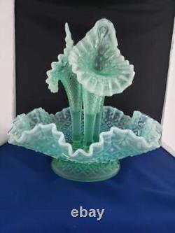 FENTON SEA BLUE HOBNAIL OPALESCENT ART GLASS FLOWER EPERGNE URN 12w 11h VTG